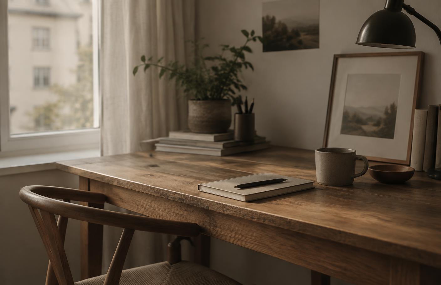 A quiet workspace with a notebook and pen